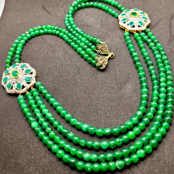 NATURAL 4 STRAND GREEN EMERALD ROUND BEADS NECKLAC - Picture 1 of 10